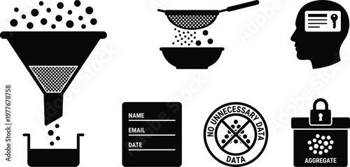 Vector silhouette set of data minimization icons featuring filtering funnel, necessary sifter, minimal user profile, essential form and secure data box
