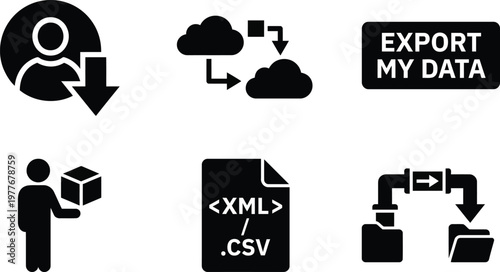 Vector silhouette set of data portability icons featuring download user profile, cloud data transfer, export button and standardized file format