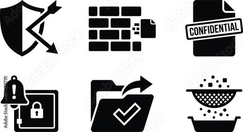 Vector silhouette set of data loss prevention DLP icons featuring shield blocking leaks, firewall wall, confidential document and secure file check