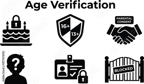 Vector silhouette set of age verification icons featuring birthday cake lock, age limit shield, parental consent handshake and child identification
