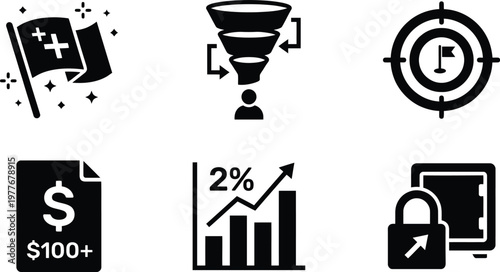 Vector silhouette set of aggregated conversion icons featuring flag with sparkles, anonymized checkout funnel, generalized target, order value, rate chart and vault