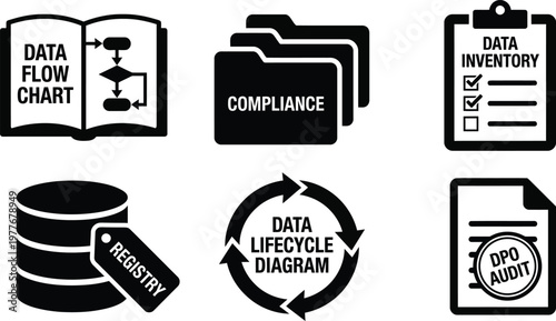 Vector silhouette set of 6 RoPA records of processing activities icons featuring open ledger, compliance folders, data inventory and DPO audit stamp