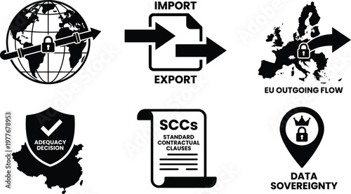 Vector silhouette set of 6 international data transfer icons featuring globe data pipeline, EU map flow, SCCs document, adequacy shield and data sovereignty pin
