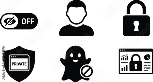 Vector silhouette set of 6 privacy by default icons featuring tracking off switch, minimalist profile, default padlock and private window shield