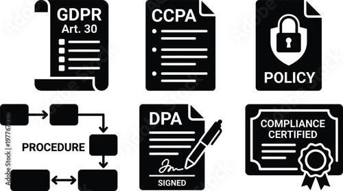 Vector silhouette set of 6 compliance documentation icons featuring GDPR Article 30, CCPA requirements, policy document, procedure flowchart and signed DPA