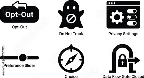 Vector silhouette set of 6 CCPA right to opt out icons featuring opt out button, do not track ghost, privacy toggles and closed data gate