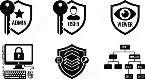 Vector silhouette set of 6 Access Control RBAC icons featuring admin user viewer badges secure login terminal and permission hierarchy tree