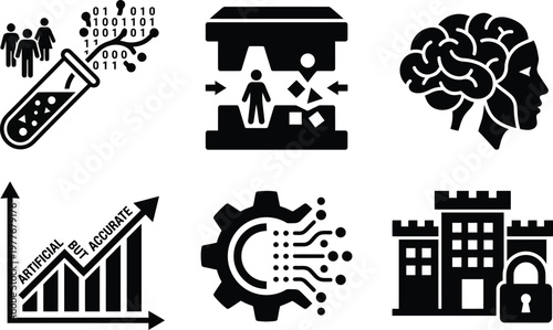 Vector silhouette set of synthetic data creation icons featuring test tube mixing data, artificial profile model, generator and secure laboratory