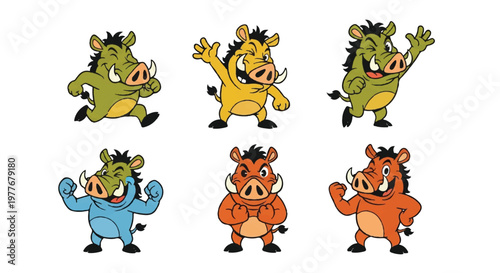 Tableau sur toile Cartoon warthog characters in various poses on white background