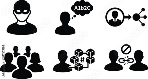 Vector silhouette set of user pseudonymization icons featuring masked avatar, random ID token, profile node, hashed identifier and forbidden link