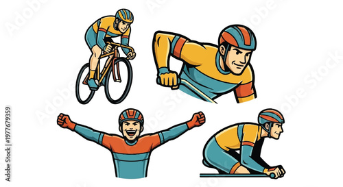 Cyclist in various poses bicycle rider illustrations for sports and fitness designs
