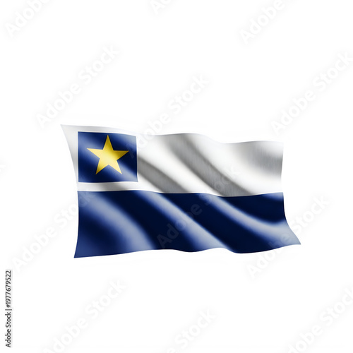 Free Download Waving Acadian flag with yellow star, blue and white horizontal stripes, national symbol of Acadia, cultural heritage banner for history and festivals isolated on White Background - GFXLoad