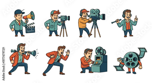 Cartoon illustrations of filmmakers and production crew elements