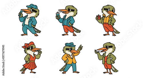 Cartoon birds in various outfits posing on white background