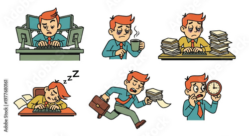 Cartoon illustrations depicting various aspects of office work and overwork