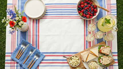 Top down Memorial Day picnic lay with plain plates and berries