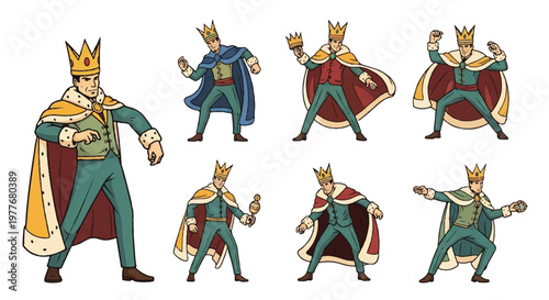 Cartoon king poses set white background royalty concept