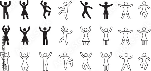 Set of dancing stick figures line art.
