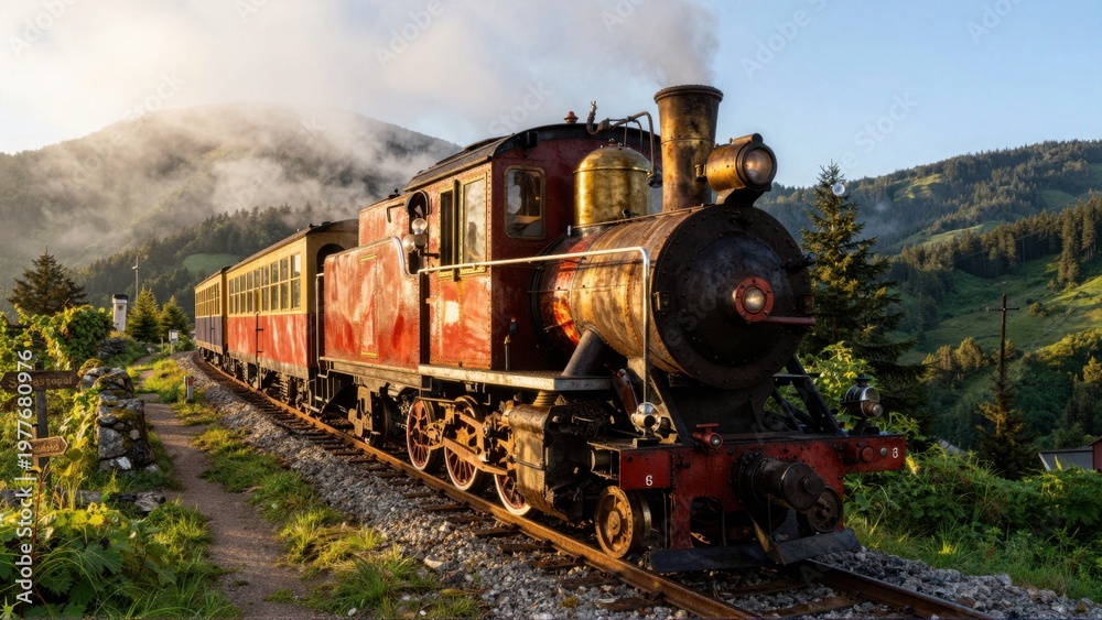 Fototapeta premium Steam locomotive traveling along mountain railway at sunrise
