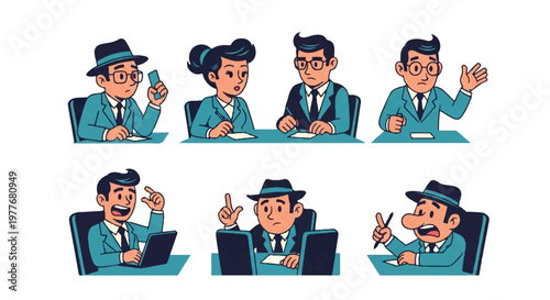 Cartoon business professionals in various poses and gestures