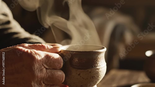 Close up of hands holding a steaming mug of hot beverage.