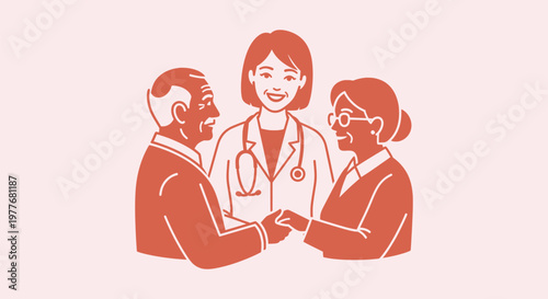 Senior patient care illustration with a female doctor and an elderly man and woman holding hands.