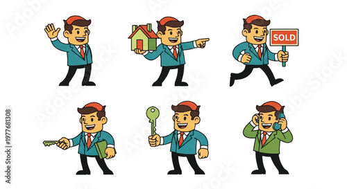 Real estate agent set businessman characters with property elements