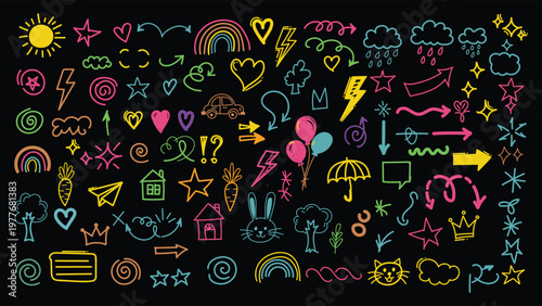 Vector art of colorful neon doodle illustrations on for design elements