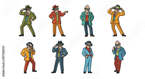 Illustrated characters wearing hats in various colorful outfits isolated on white