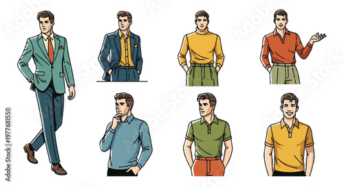 Stylish man icons in various outfits isolated on white background
