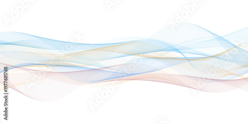 Abstract flowing wave background, elegant blue and gold smoke lines, soft ethereal ribbon vector for corporate branding and web headers