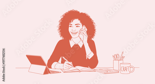 Line art illustration of a smiling woman multitasking at her home office desk with tablet and phone