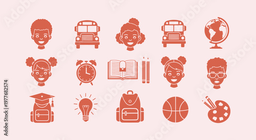 Minimalist School Education Icon Set with Student Faces Bus Globe Books Backpack and Stationery Pack