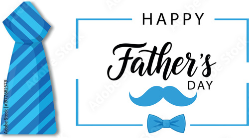 Happy father's day greeting card with blue tie mustache and bowtie illustration
