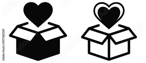 Gift, box icon set featuring heart symbols in different styles, representing love, celebration, appreciation, charity, giving, romantic gestures, and special occasions, modern flat vector