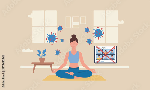 Stay calm at social distancing self isolation in COVID-19 Coronavirus outbreak lockdown concept, woman meditate and yoga at home to stay calm, COVID-19 virus around.