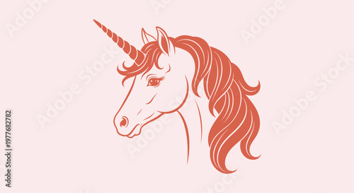 Elegant Unicorn Head Illustration with Flowing Mane and Spiraled Horn Profile View Graphic Design