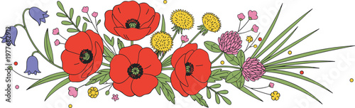 Vector illustration of colorful flowers including red poppies, purple bells, yellow blossoms, and green leaves in vibrant design