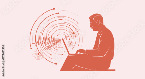 Vector Graphic of Mature Man Using Laptop for Seismic Monitoring and Scientific Data Analysis