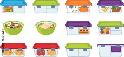 Vector illustration of colorful food containers with diverse meals, salads, sandwiches, pasta, and vegetables