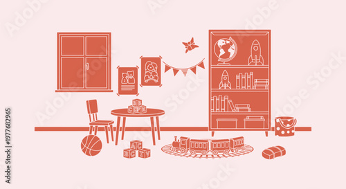 Flat Vector Illustration of a Children's Playroom with Furniture, Educational Toys, and a Library.