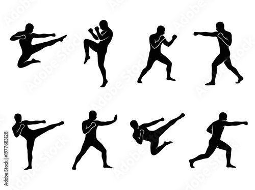 Martial arts fighting silhouettes set showing male fighter doing karate kick and punch action vector