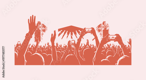 Exciting Concert Crowd Silhouette with Hands Raised and Smartphones Recording Live Music Festival Event