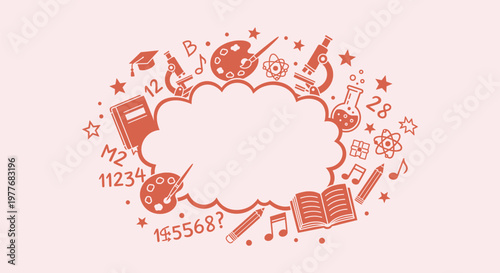 Educational and learning concept background with hand drawn school supplies icons and speech bubble.