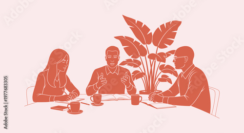 Three professional colleagues having a business meeting and taking notes in a modern office space.