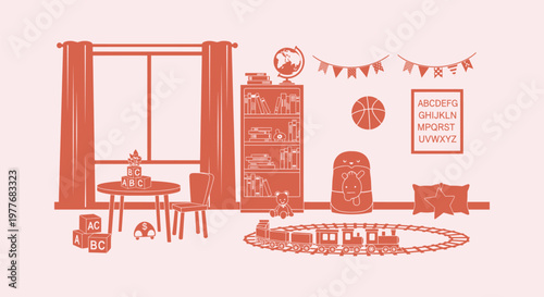 Cute Vector Illustration of a Child's Playroom Interior with Educational Toys Books and a Train