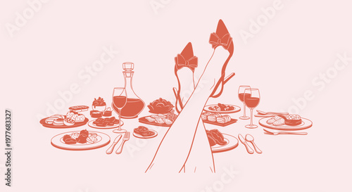 Minimalist line art of a lavish dinner party with female legs in bow high heels and various dishes.