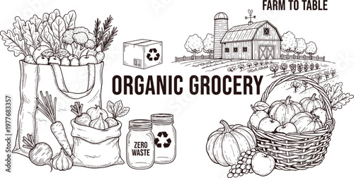 Vector illustration of organic grocery, farm to table produce, and zero waste sustainability concept in eco design
