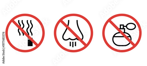 Anti bad smell, odor control, fragrance free editable stroke outline icons set, isolated on white background