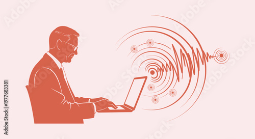 Professional Man at Laptop with Abstract Connectivity Waves for Technology and Business Concept
